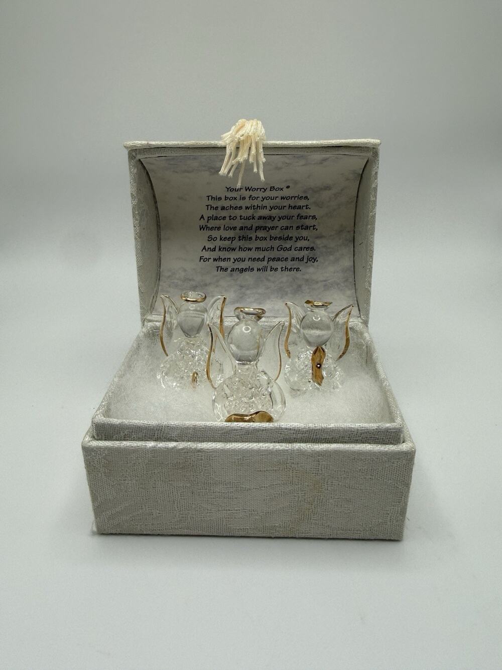 Vintage 1980s 1990s “ Your Worry Box ” Blown Glass Angels Cottage Blessing Love